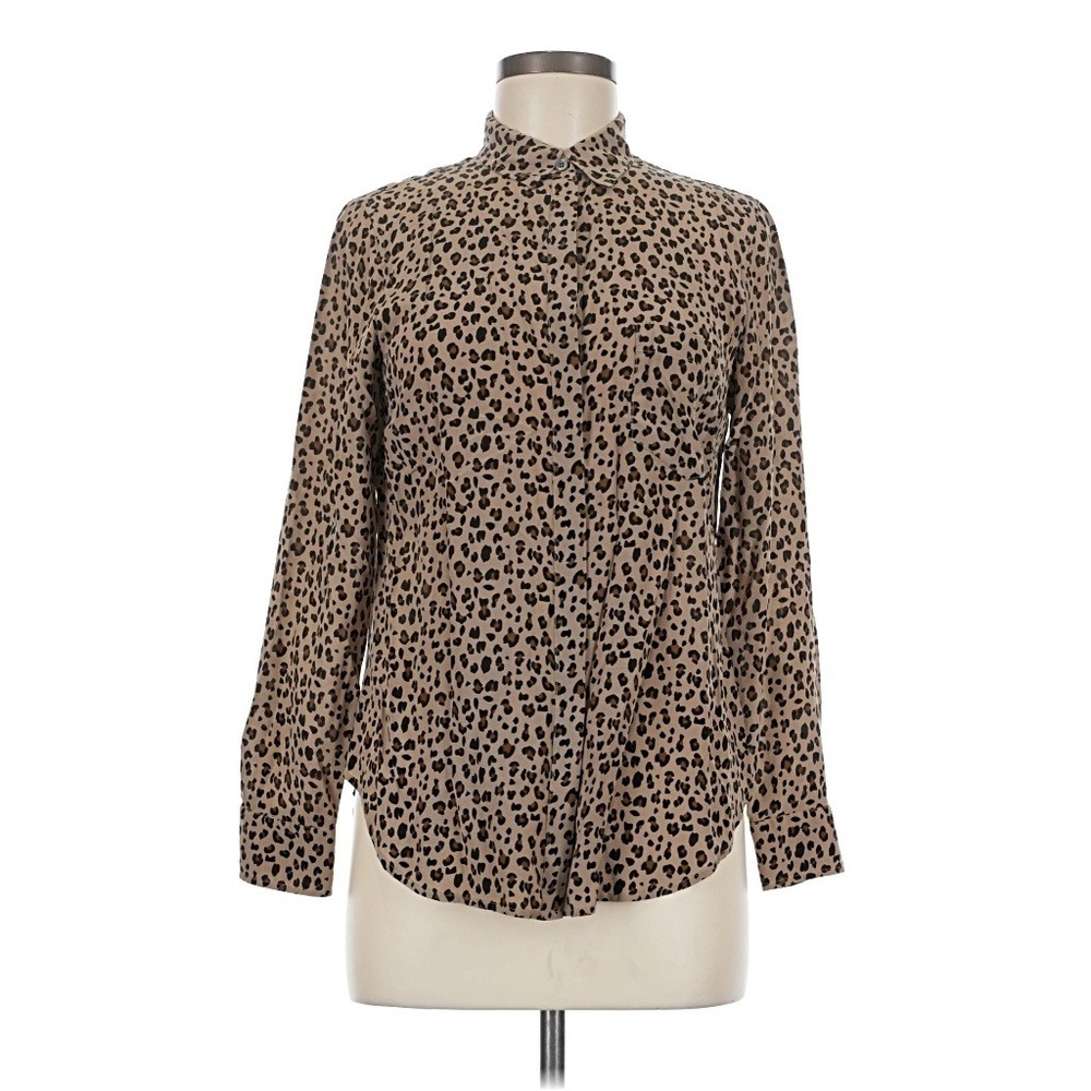 J.Crew Womens Leopard Print 100% Silk Button Down Shirt Tan Brown Size 6